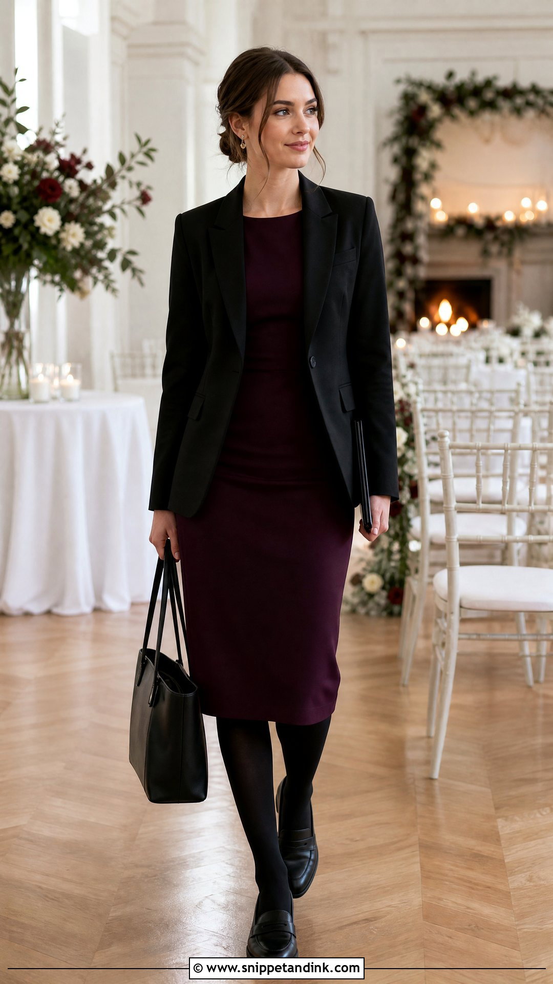 Plum Dress And Black Blazer Wedding Coordinator Outfit - Snippet and Ink - 25 Wedding Coordinator Outfit Ideas