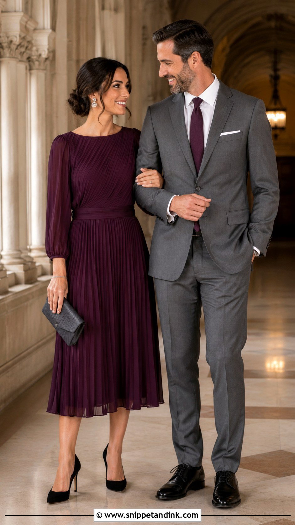 Plum Dress and Gray Suit Wedding Couple Outfit - Snippet and Ink - 20 Matching Couple Outfits for Wedding