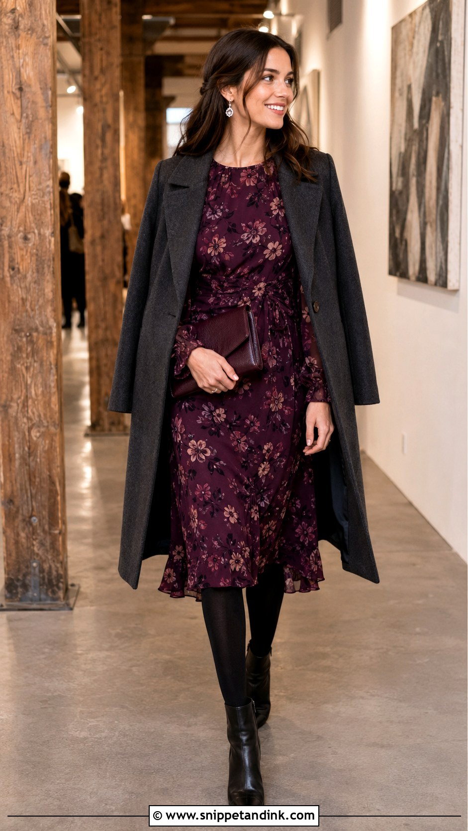 Plum Floral Midi Dress With Tights And Ankle Boots - Snippet and Ink - 20 Casual Winter Wedding Dress Ideas