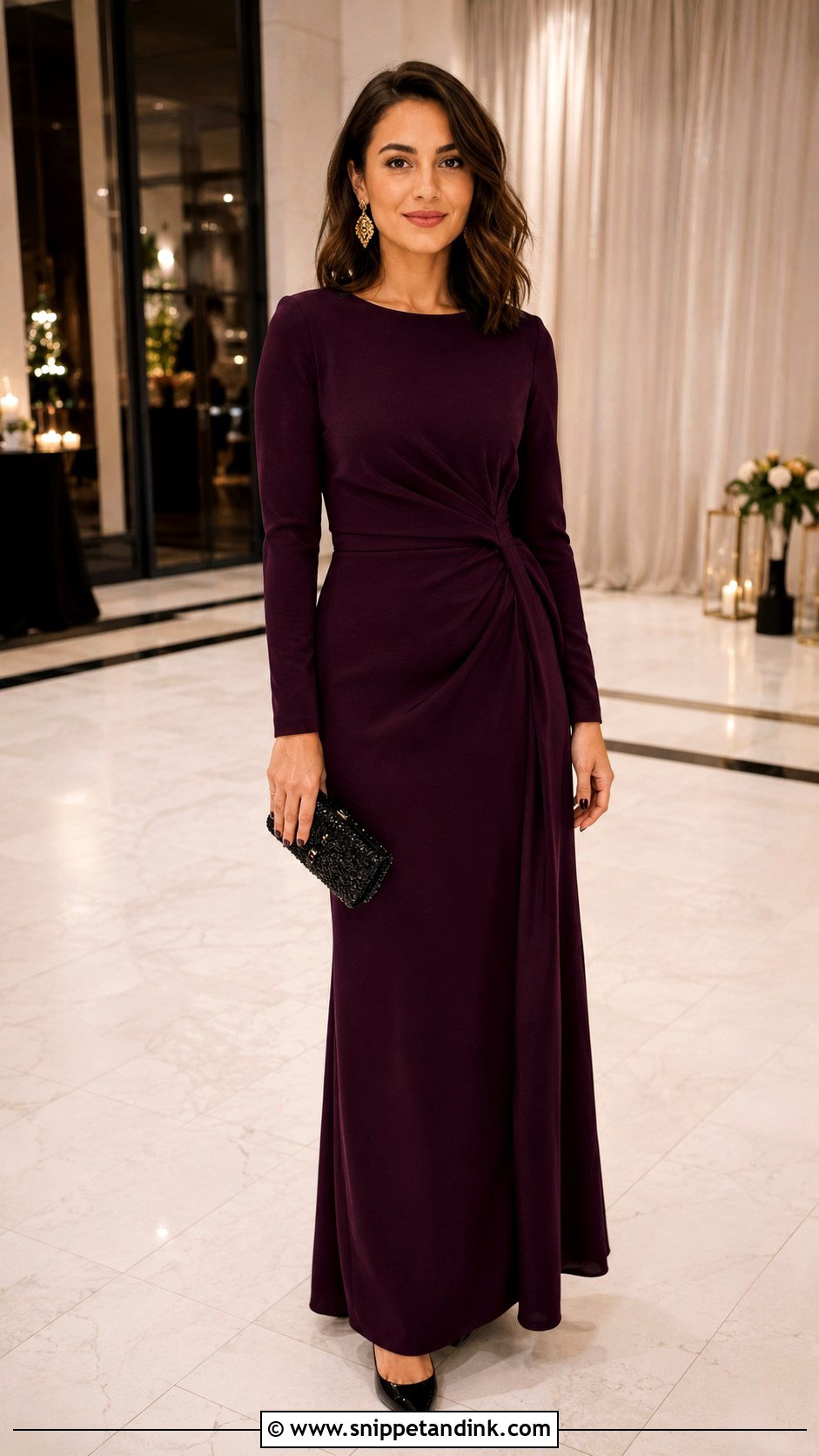 Plum Long Sleeve Gown Black Tie Wedding Outfit - Snippet and Ink - 20 Black Tie Wedding Outfit Ideas