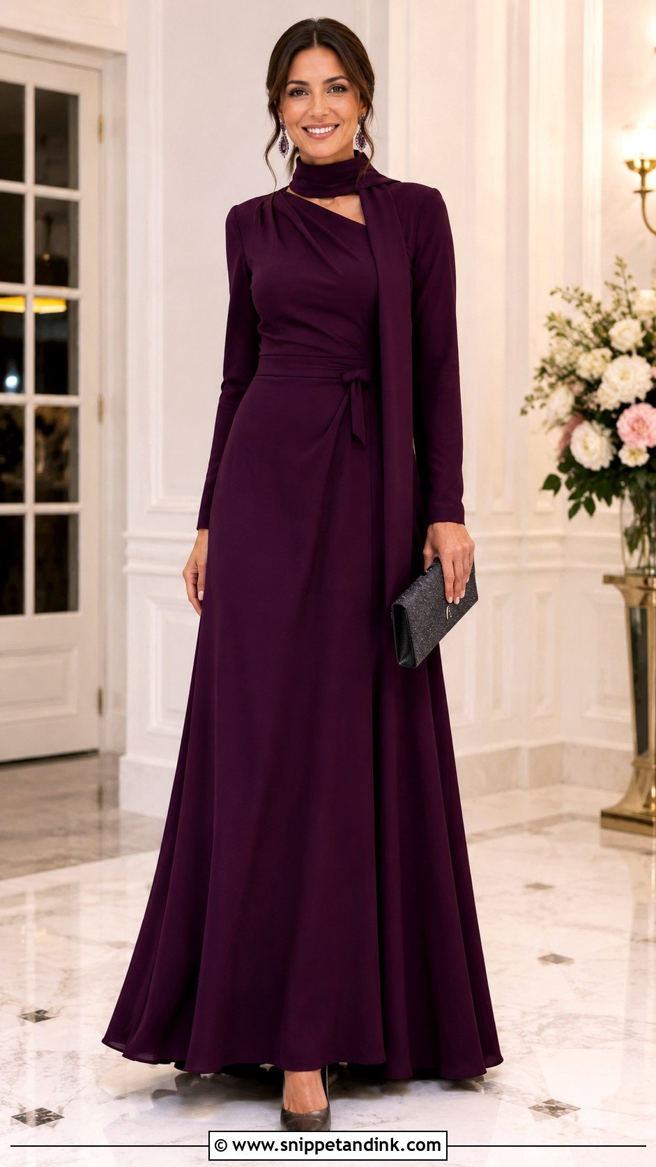 Plum Long Sleeve Gown With Neck Scarf - Snippet and Ink - 20 Gown with Neck Scarf Ideas