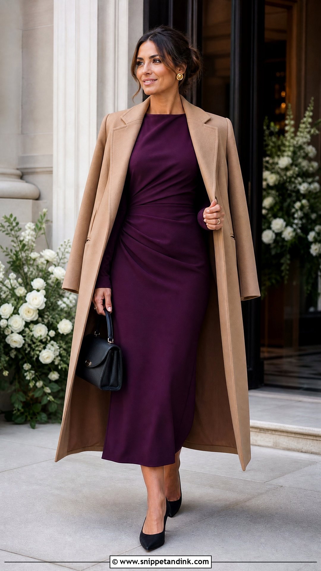 Plum Long Sleeve Midi Dress With Black Pumps - Snippet and Ink - 20 Purple Dresses for Wedding