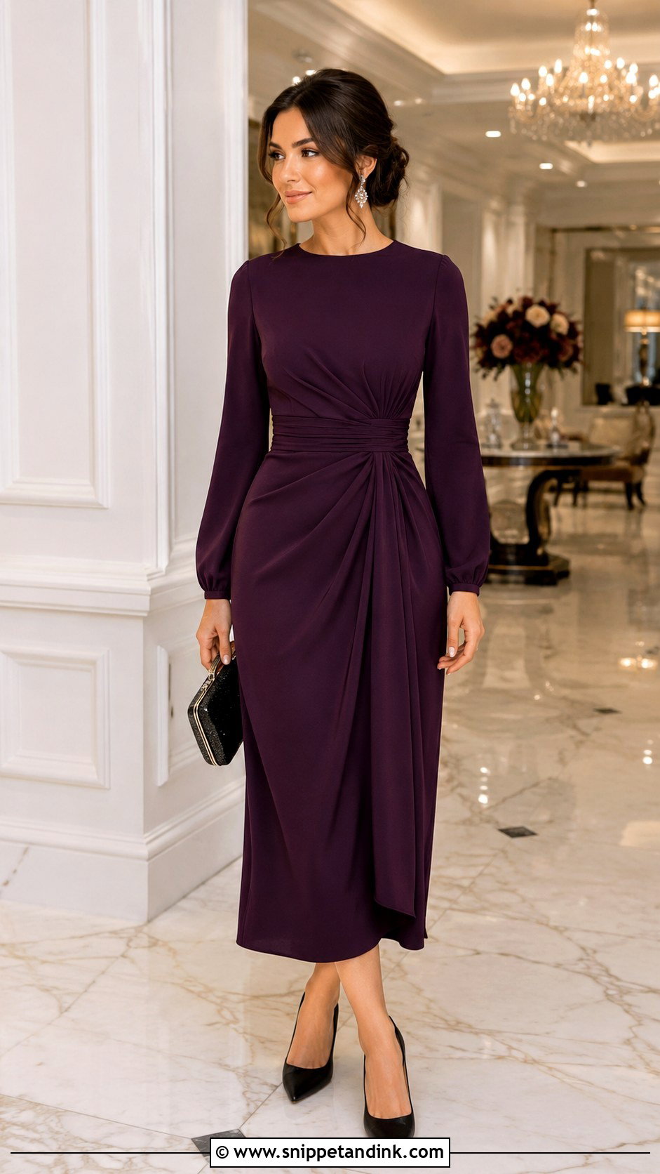 Plum Long Sleeve Midi Wedding Outfit - Snippet and Ink - 20 Classy Wedding Outfits