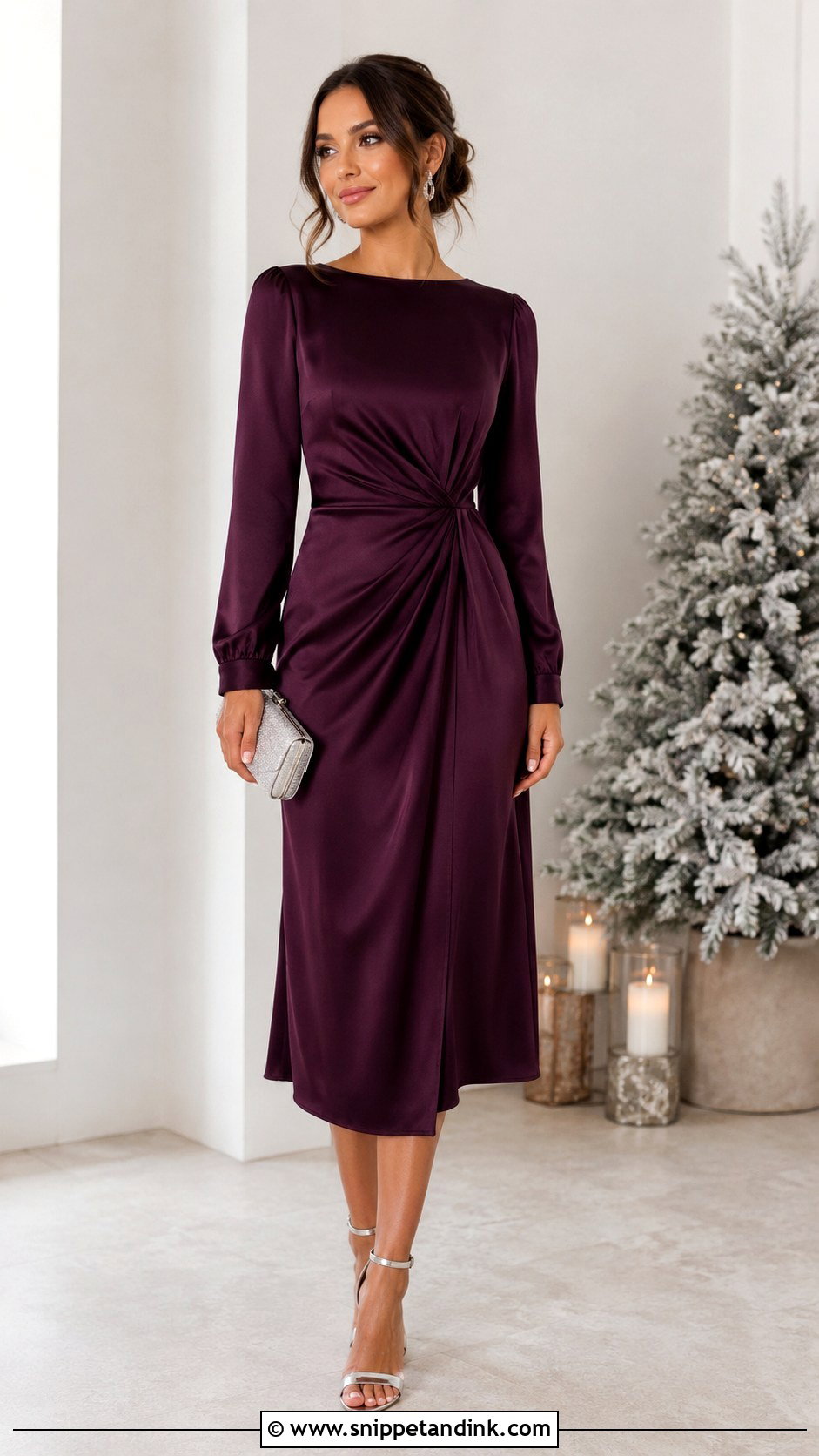 Plum Midi Dress Winter Wedding Outfit - Snippet and Ink - 30 Winter Wedding Outfits