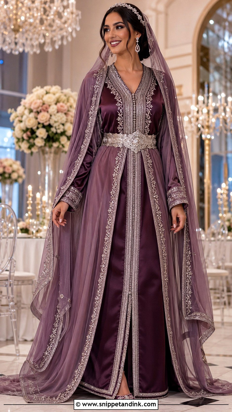 Plum Moroccan Bride Takchita With Silver Belt - Snippet and Ink - 20 Moroccan Bride Dress Ideas