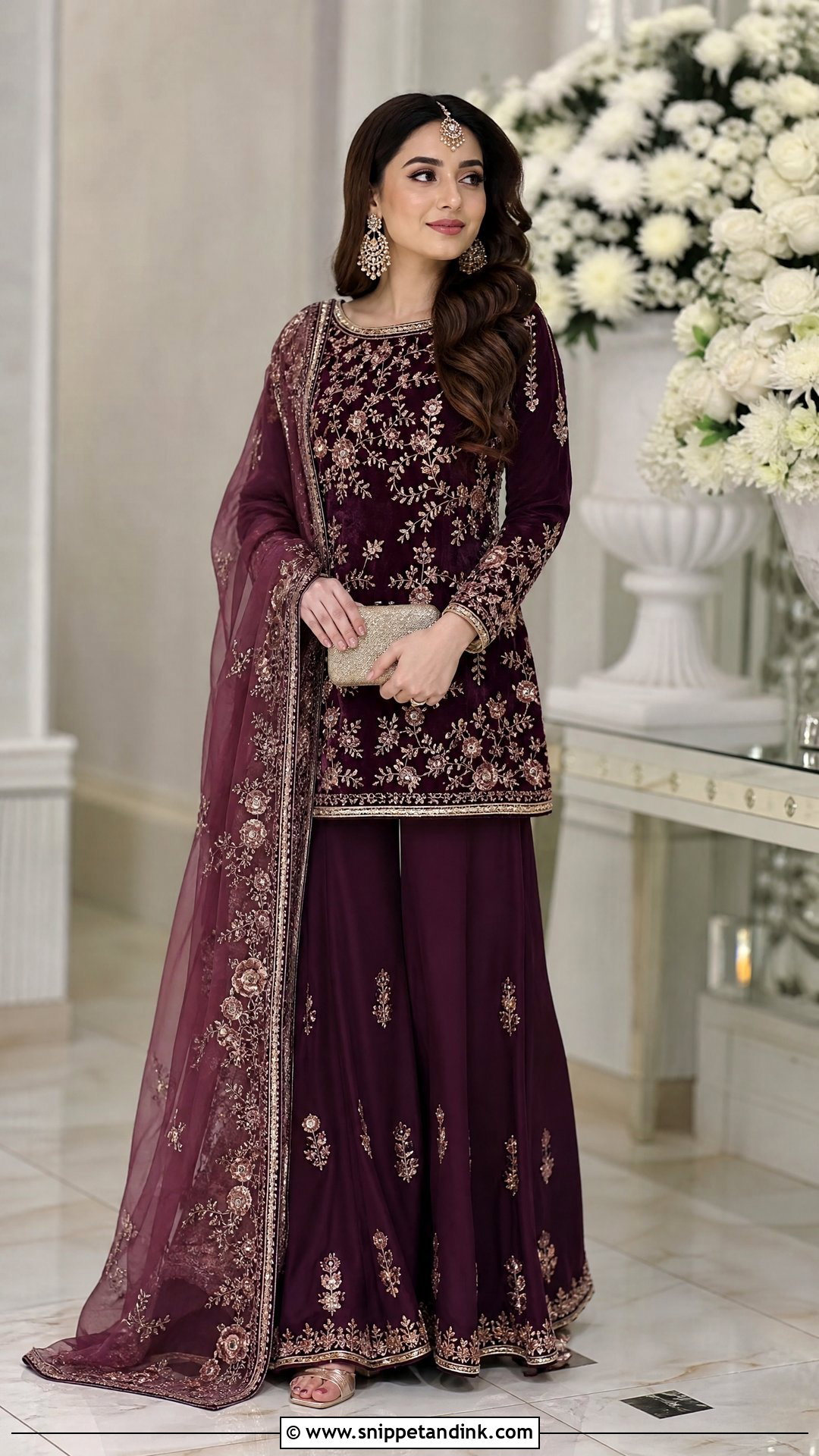 Plum Nikkah Sharara With Rose Gold Work - Snippet and Ink - 20 Nikkah Sharara Ideas