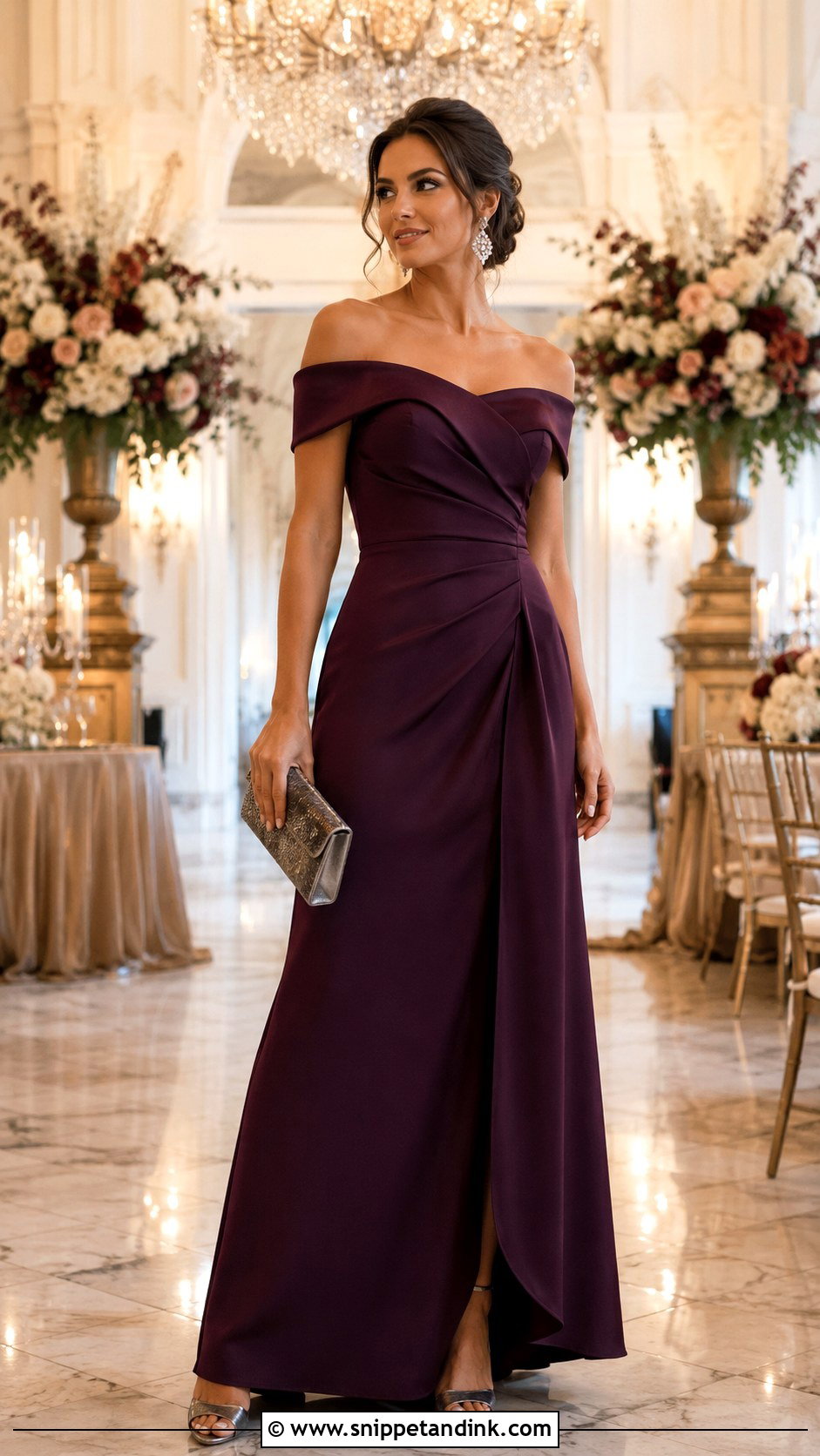 Plum Off Shoulder Dress Wedding Outfit - Snippet and Ink - 20 Elegant Wedding Outfit Ideas