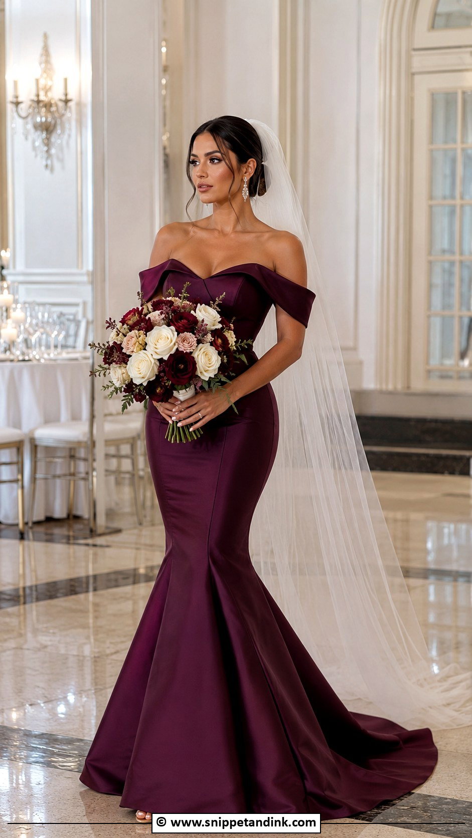 Plum Off Shoulder Mermaid Wedding Dress - Snippet and Ink - 30 Purple Wedding Dress Ideas