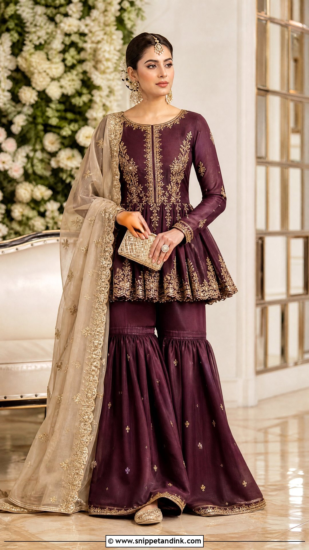 Plum Pakistani Sister Peplum Gharara - Snippet and Ink - 20 Pakistani Sister Wedding Dress Ideas