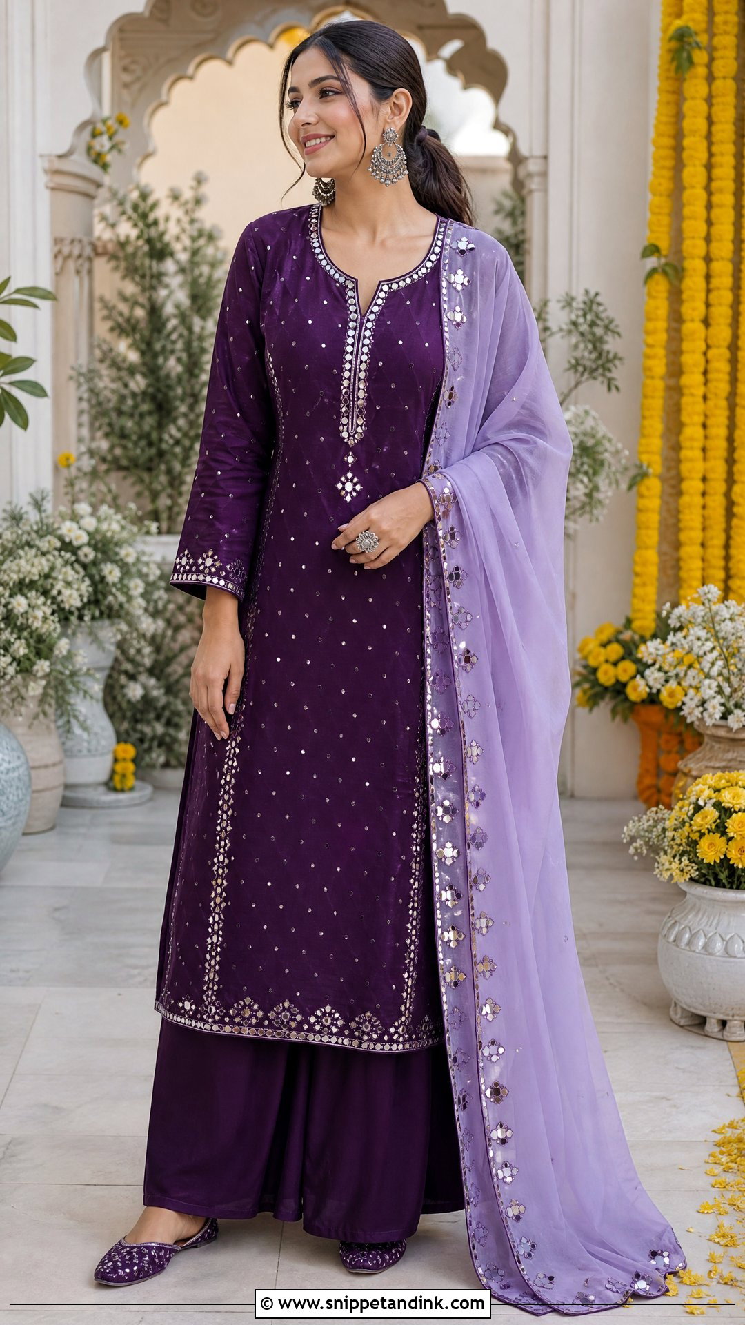 Plum Palazzo Set With Mirror Work - Snippet and Ink - 20 Purple Haldi Outfit Ideas