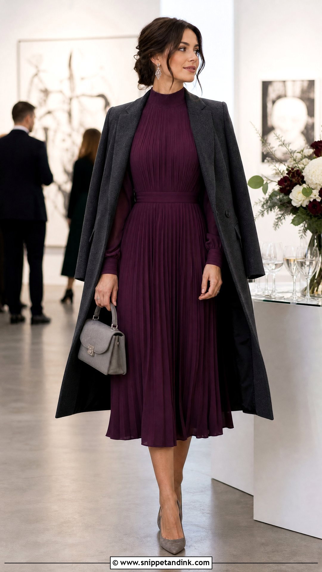 Plum Pleated Midi Winter Wedding Outfit - Snippet and Ink - 20 Winter Outfits for Wedding