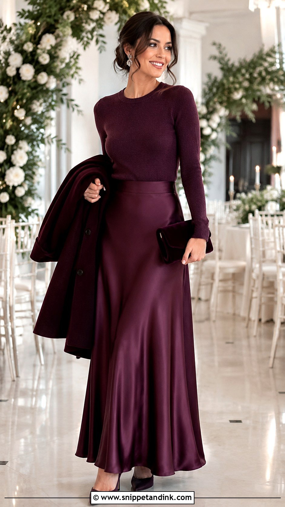 Plum Satin Long Skirt With Fitted Cashmere Sweater - Snippet and Ink - 20 Long Skirt Outfits for Wedding