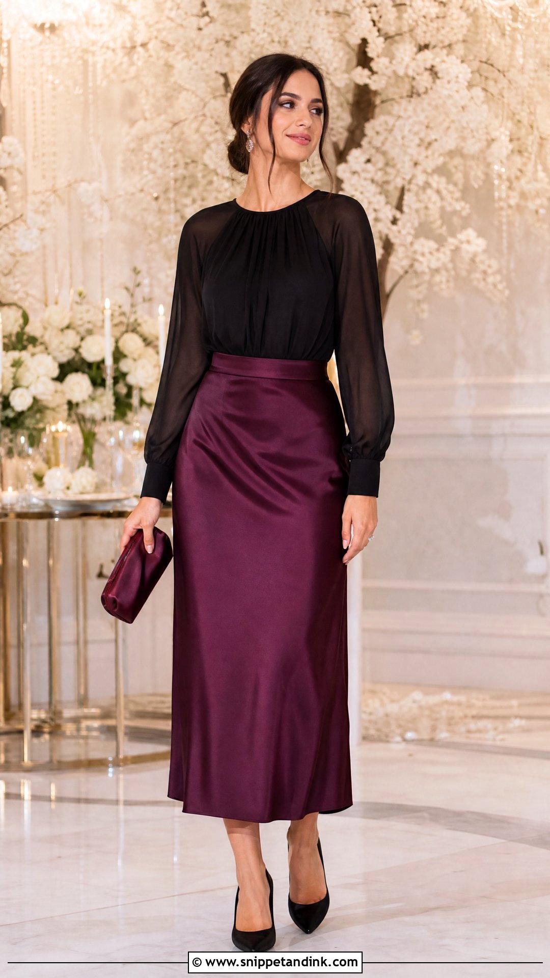 Plum Satin Skirt With Sheer Sleeve Blouse - Snippet and Ink - 25 Classy Satin Skirt Wedding Outfit Ideas
