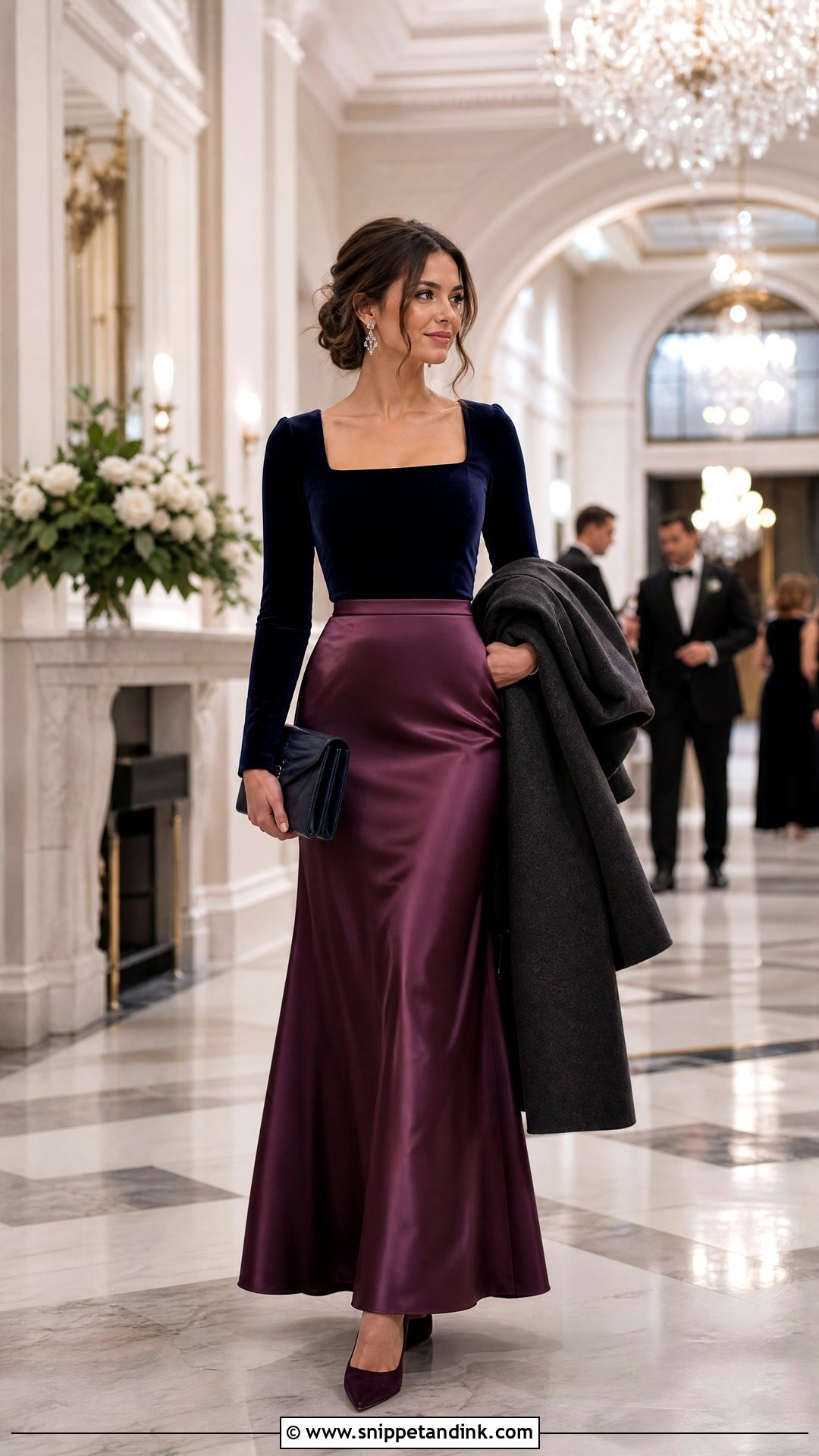 Plum Satin Skirt With Velvet Top - Snippet and Ink - 20 Satin Skirt Outfit for Wedding Ideas