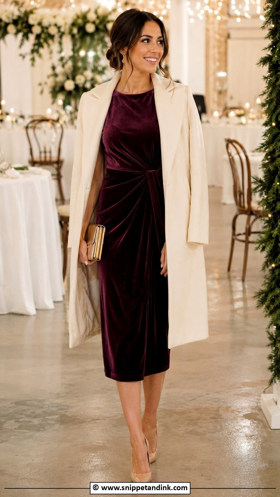 Plum Velvet Dress With Nude Pumps - Snippet and Ink - 35 Winter Wedding Dress Ideas