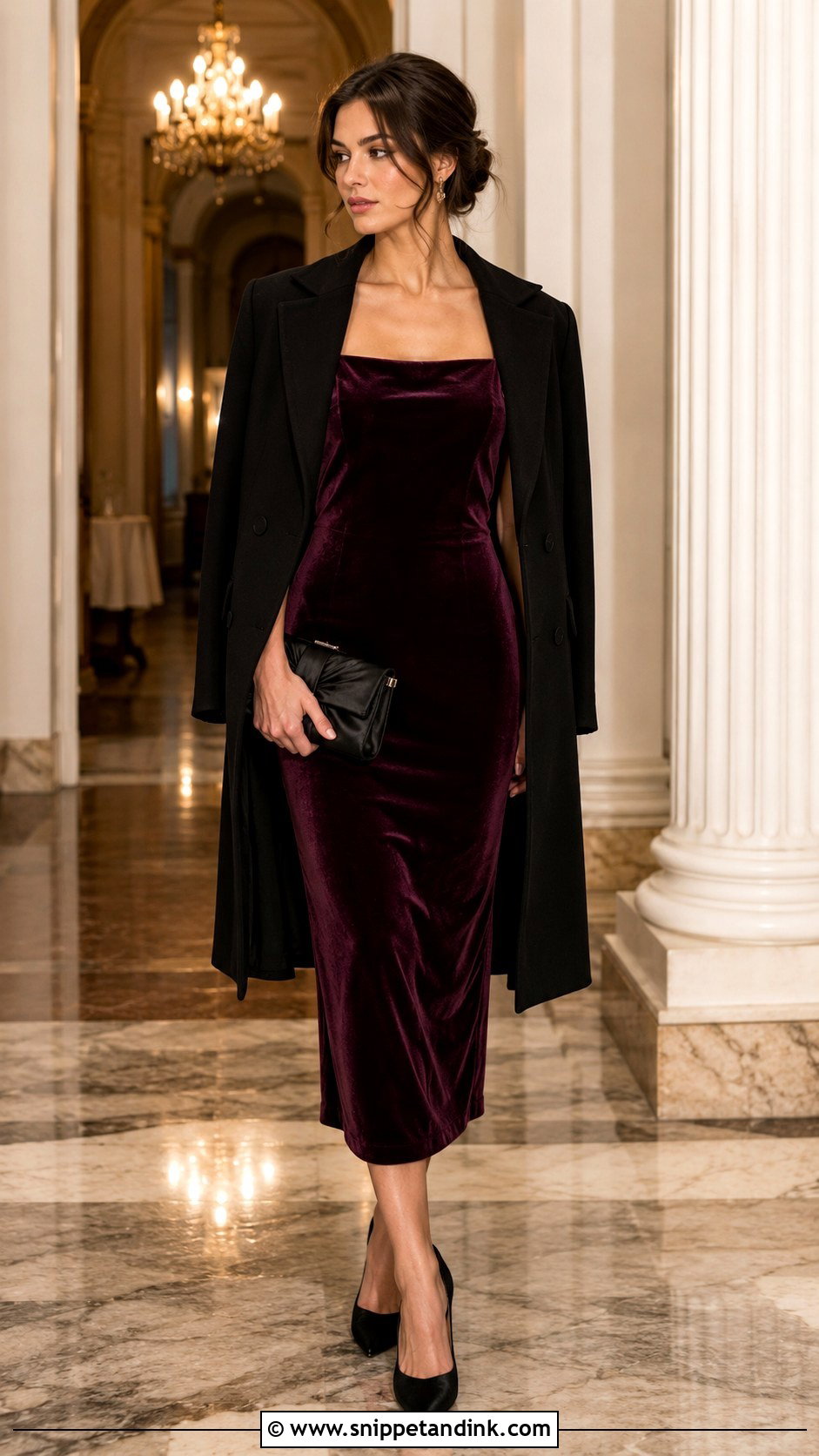 Plum Velvet Midi Dress Fall Wedding Outfit - Snippet and Ink - 20 Fall Semi Formal Wedding Attire Ideas