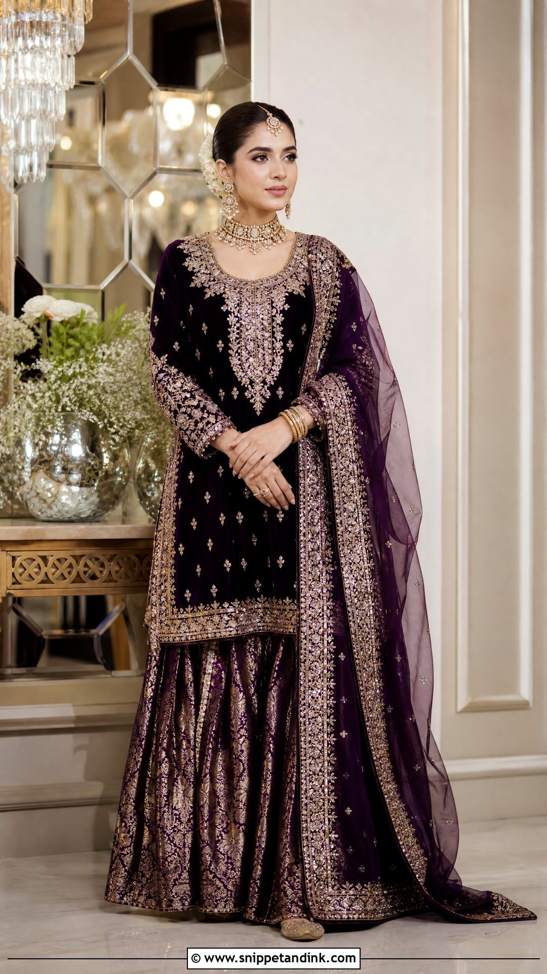 Plum Velvet Punjabi Bridal Gharara Suit - Snippet and Ink - 20 Punjabi Bridal Wedding Suit Ideas