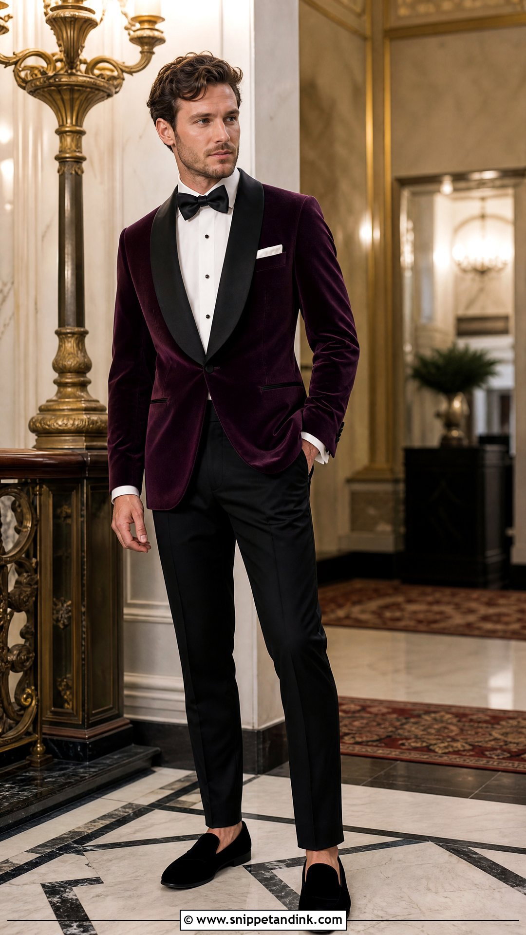 Plum Velvet Tuxedo With Black Trousers - Snippet and Ink - 20 Purple Tuxedo Wedding Ideas