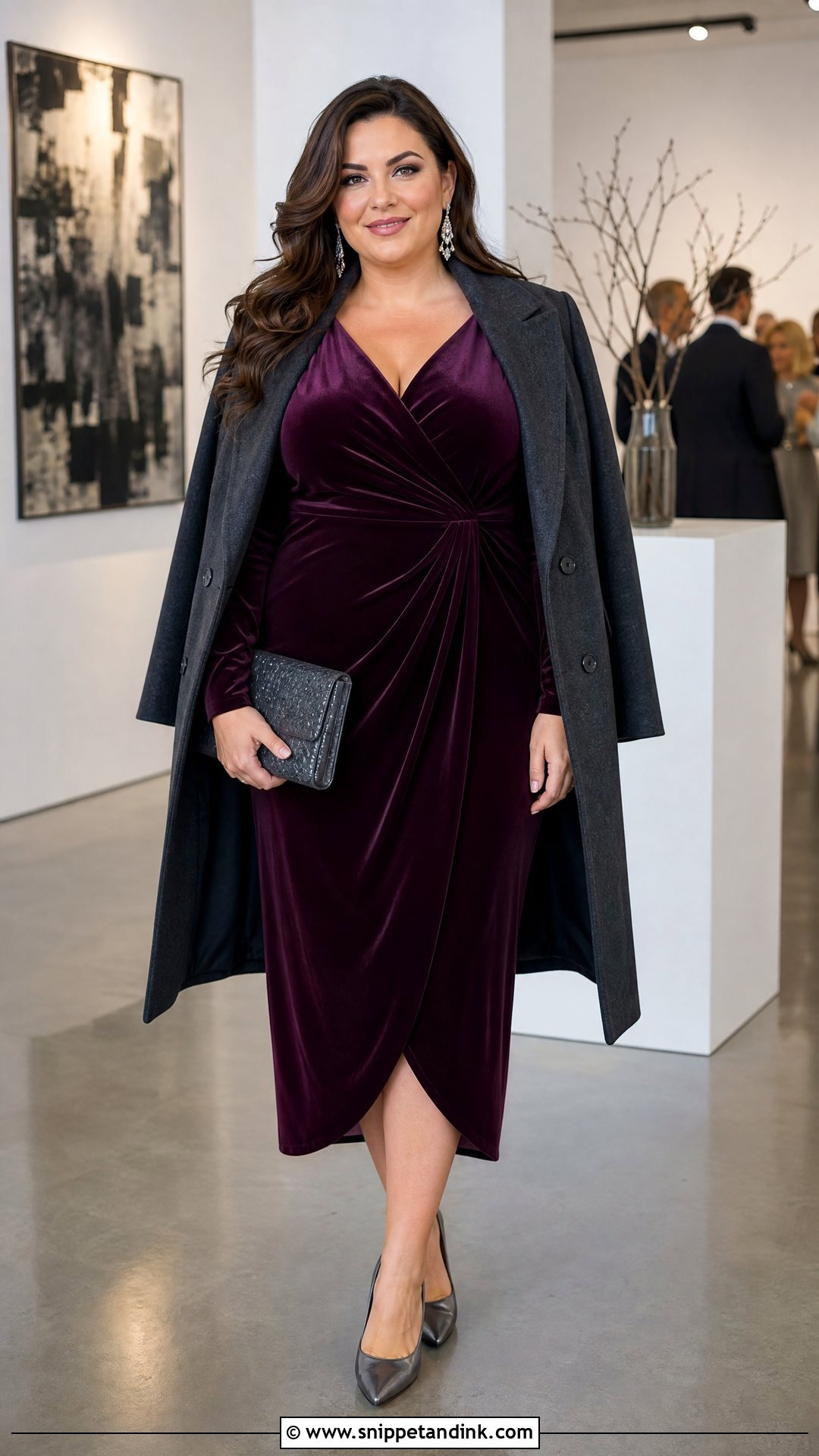 Plum Wrap Midi Dress Winter Wedding Outfit - Snippet and Ink - 20 Winter Outfit for Wedding Ideas