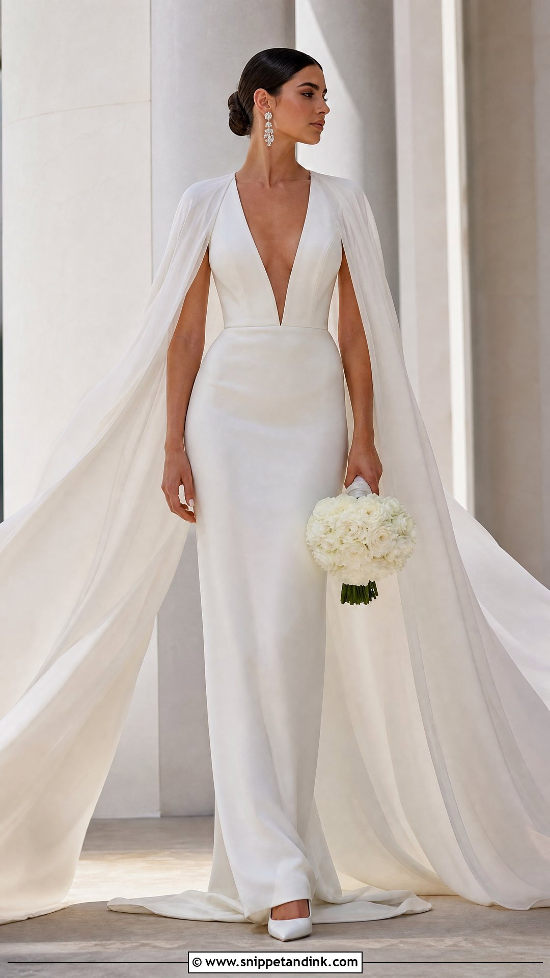 Plunge Neck Wedding Dress With Cape - Snippet and Ink - 20 Plunge Neck Wedding Dress Ideas