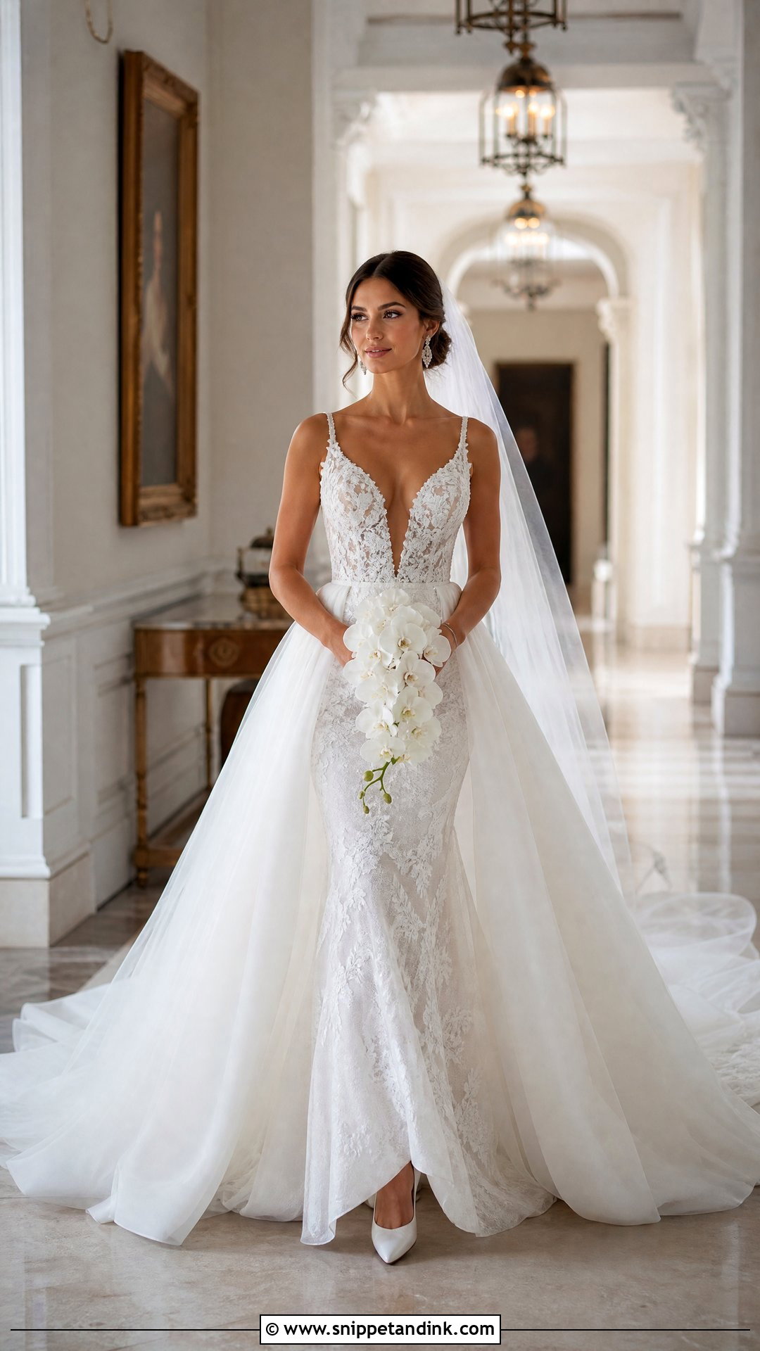 Plunge Neck Wedding Dress With Overskirt - Snippet and Ink - 20 Plunge Neck Wedding Dress Ideas