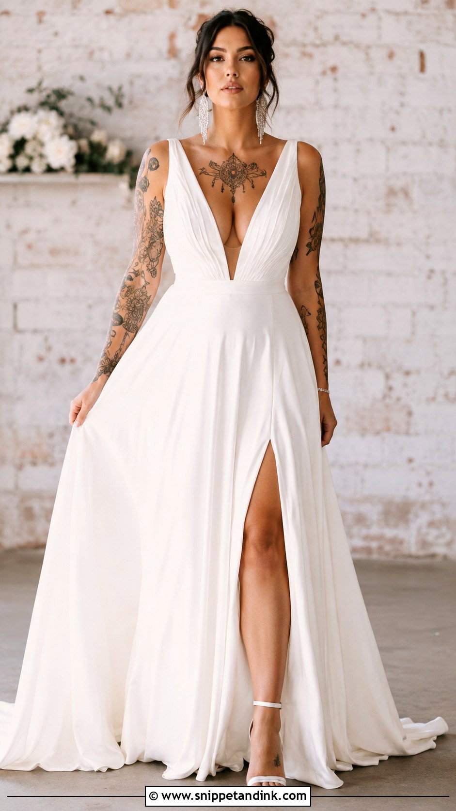 Plunge Wedding Dress With Tattoos - Snippet and Ink - 25 Wedding Dress with Tattoos Ideas