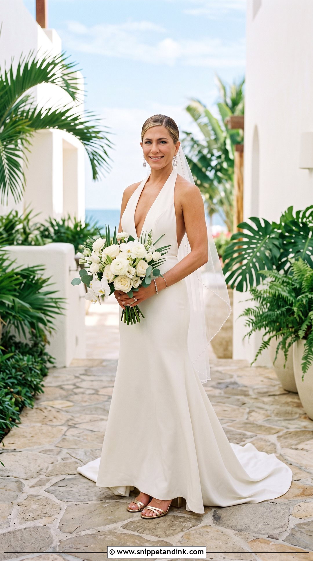 Plunging Halter Wedding Dress With Open Back - Snippet and Ink - 20 Jennifer Aniston Wedding Dress Ideas