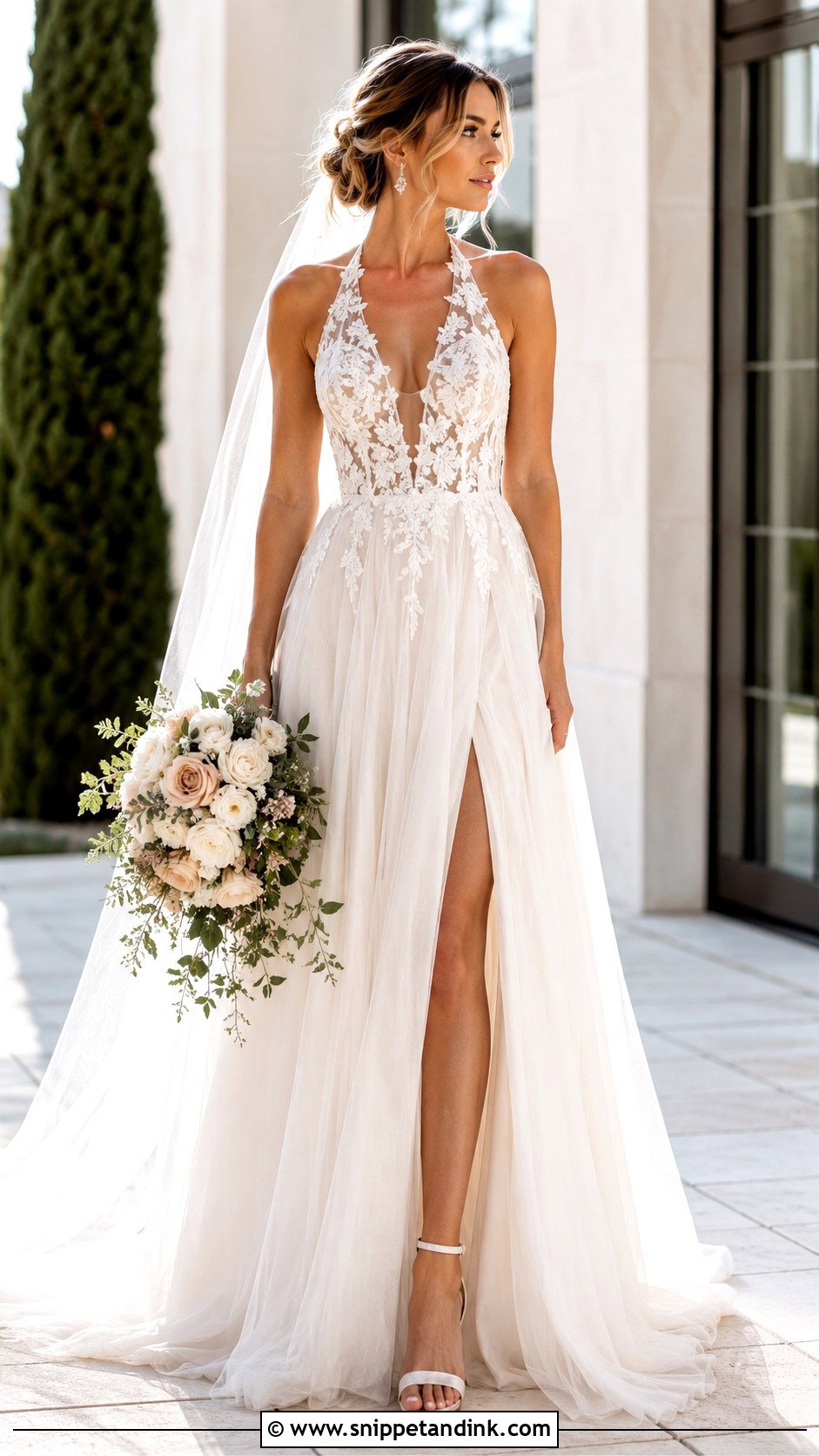 Plunging Lace Halter Wedding Dress - Snippet and Ink - 20 Lace Halter Wedding Dress Ideas