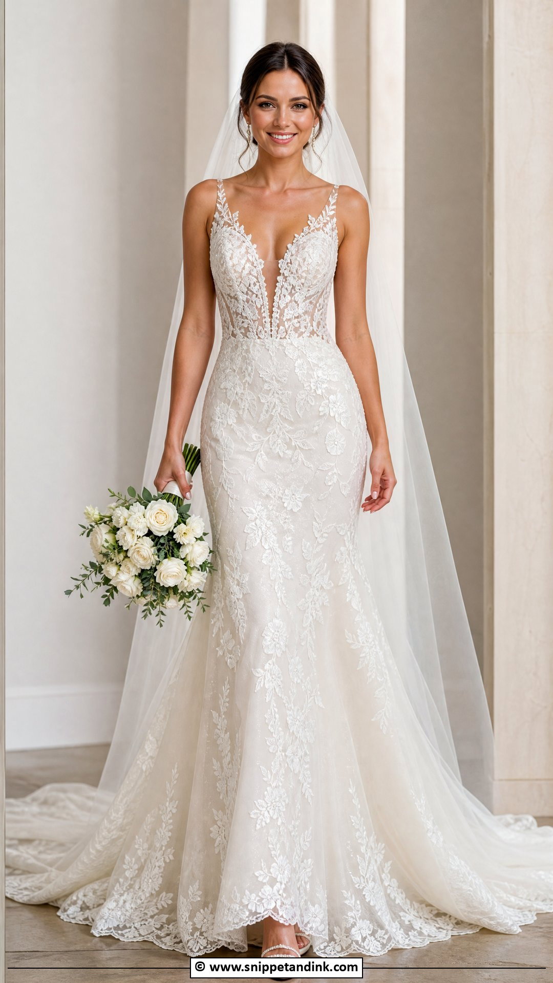 Plunging Neck Fit And Flare Wedding Dress - Snippet and Ink - 35 Fit and Flare Wedding Dress Ideas