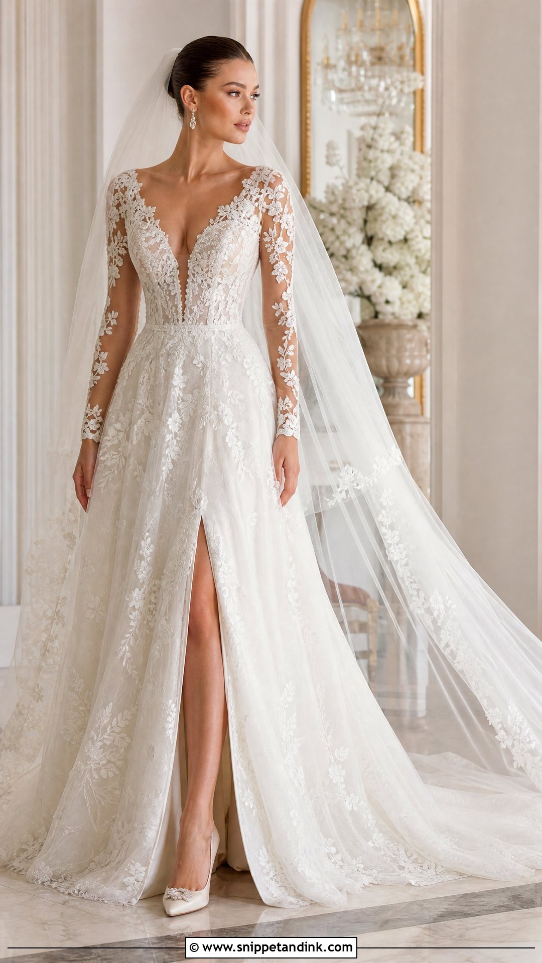 Plunging Neck Sheer Sleeve Wedding Dress - Snippet and Ink - 20 Sheer Sleeve Wedding Dress Ideas