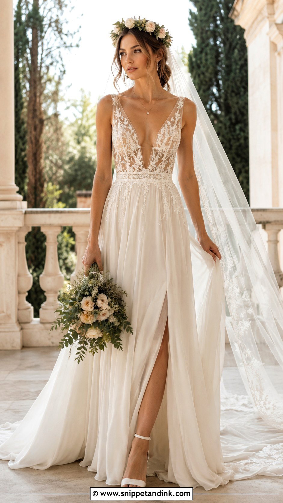 Plunging Neckline Boho Glam Wedding Dress - Snippet and Ink - 20 Boho Glam Wedding Dress Ideas