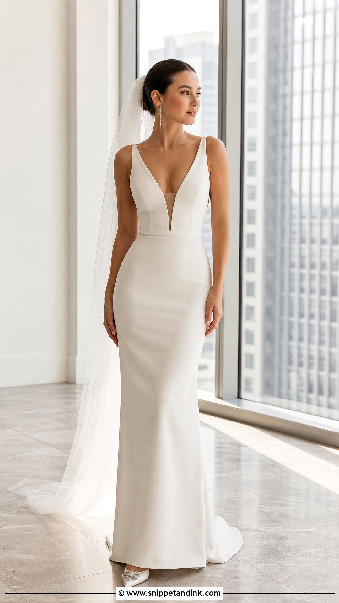Plunging Neckline Column Wedding Dress - Snippet and Ink - 20 Wedding Dress for Short Torso Ideas