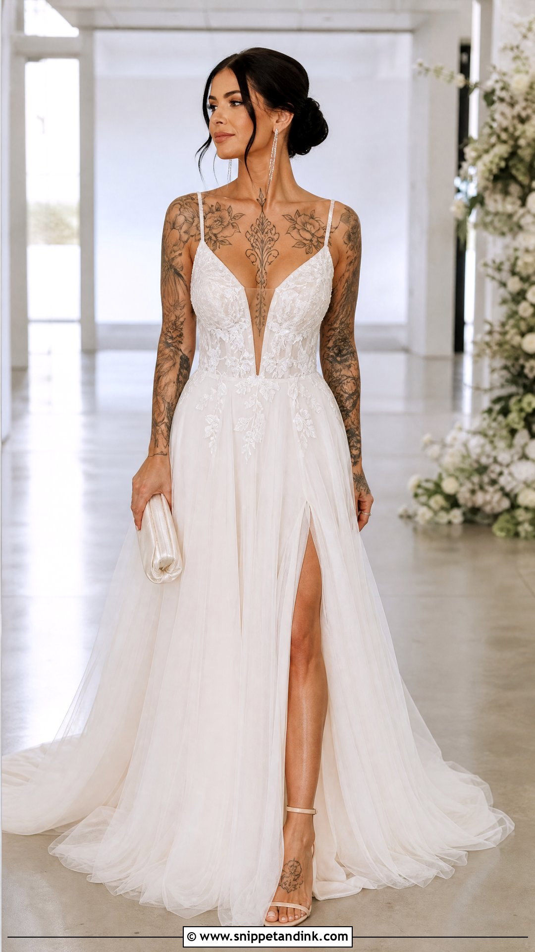 Plunging Neckline Wedding Dress With Tattoos - Snippet and Ink - 20 Wedding Dress with Tattoos Brides Ideas