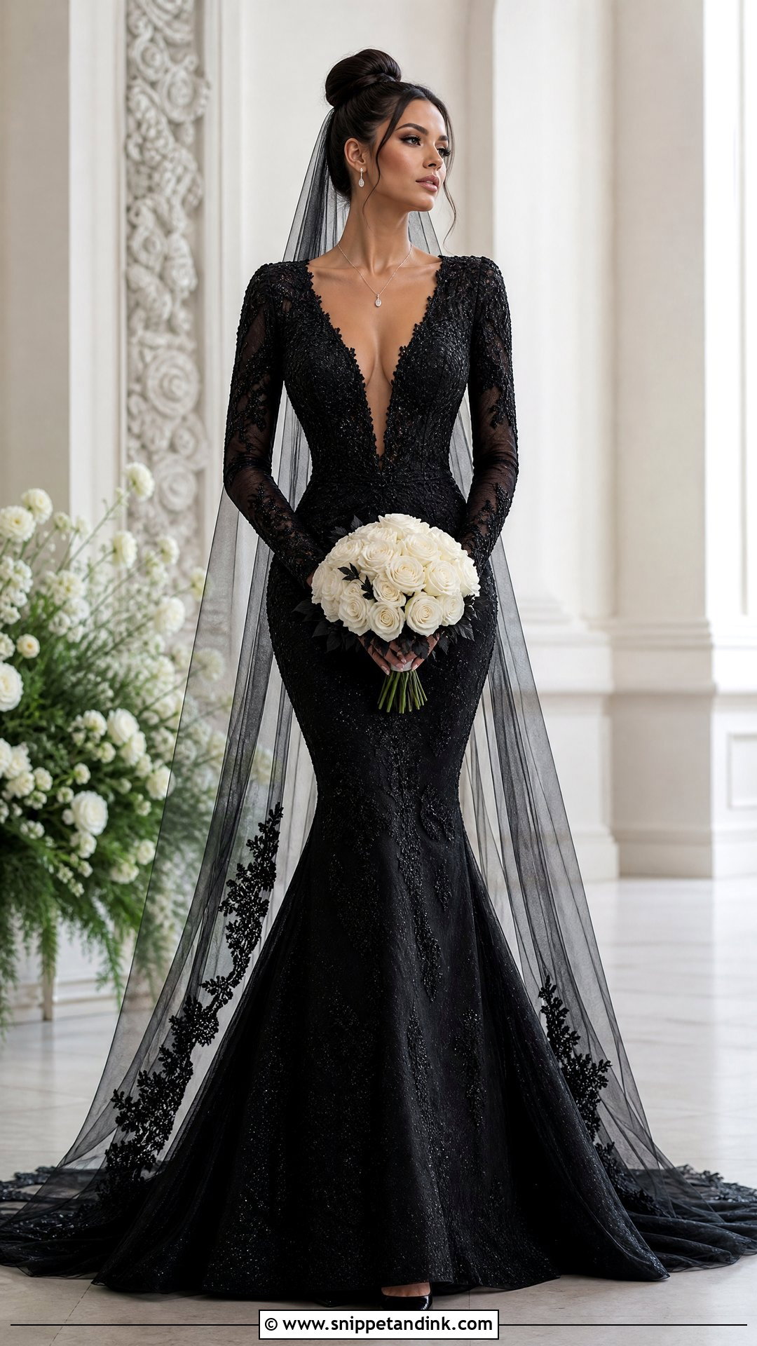 Plunging V Neck Black Wedding Dress - Snippet and Ink - 20 Tight Fitting Black Wedding Dress Ideas