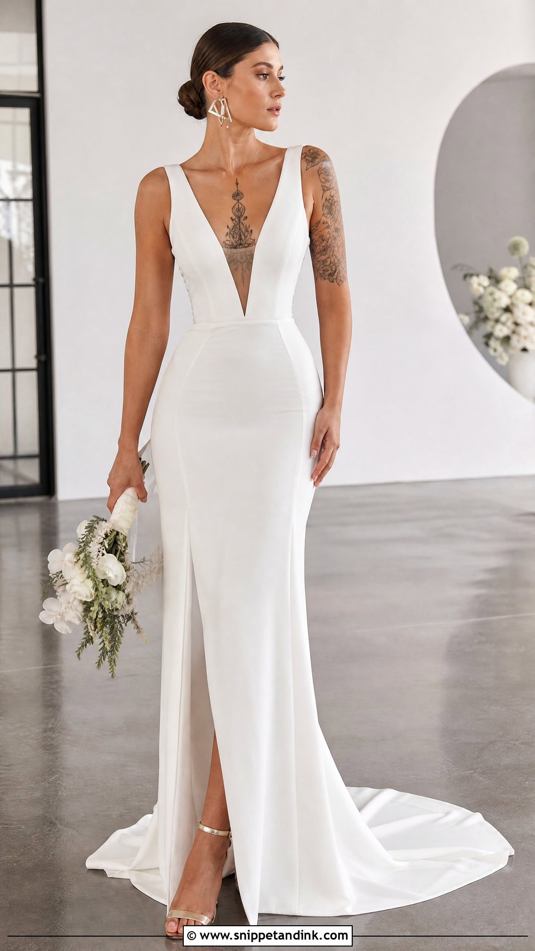 Plunging V Neck Crepe Wedding Dress - Snippet and Ink - 20 Wedding Dresses Tattooed Women