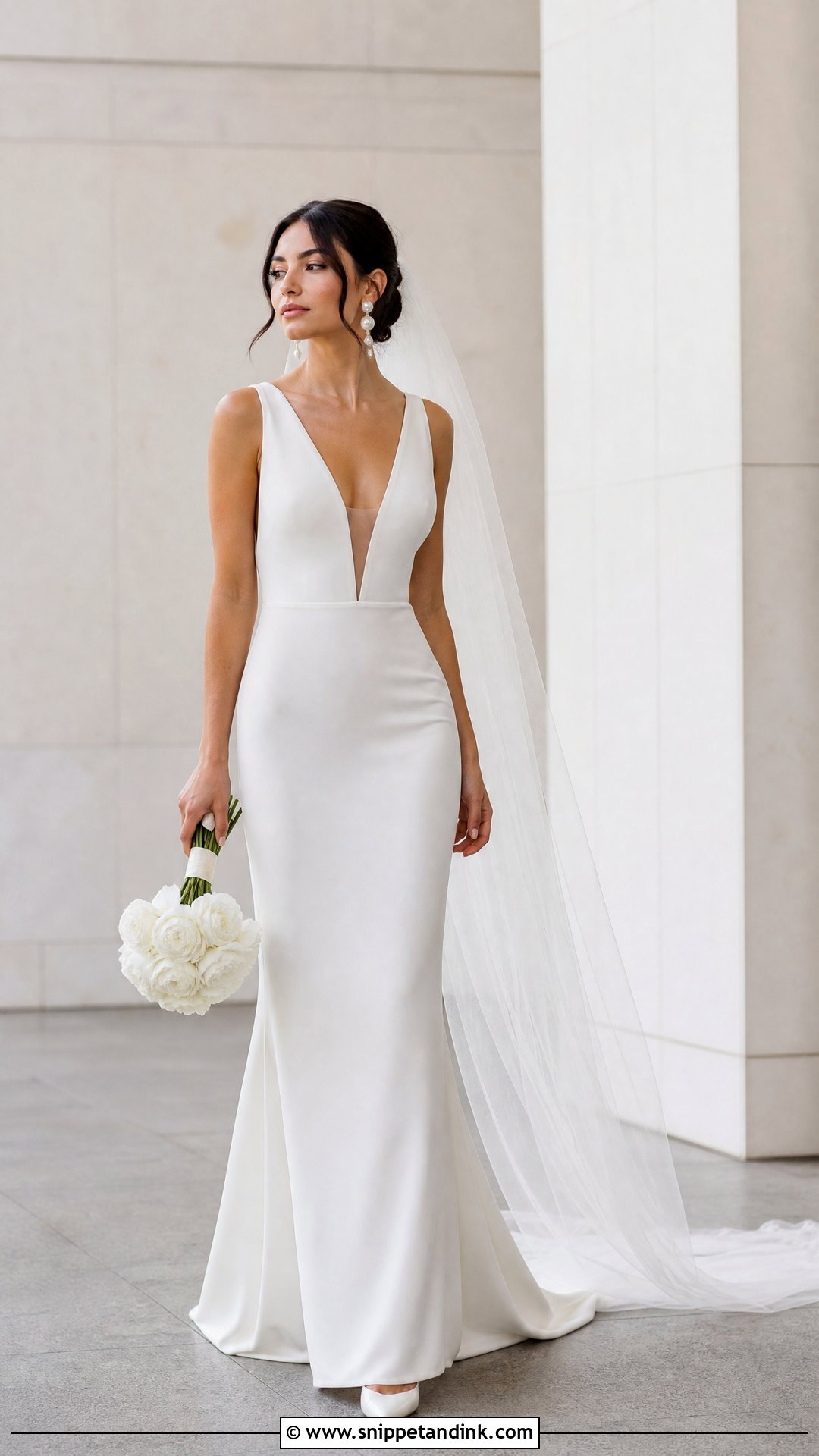 Plunging V Neck Crepe Wedding Dress - Snippet and Ink - 20 Wedding Dresses for Small Chest