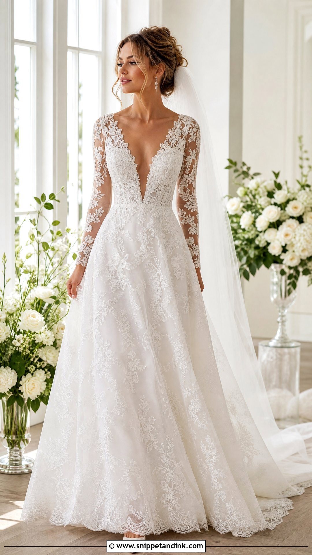 Plunging V Neck Illusion Sleeve Wedding Dress - Snippet and Ink - 20 Illusion Sleeve Wedding Dress Ideas