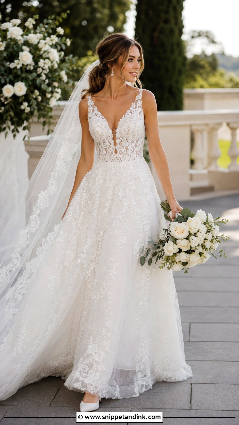 Plunging V Neck Lace A Line Wedding Dress - Snippet and Ink - 20 Allure Bridal Couture Ideas
