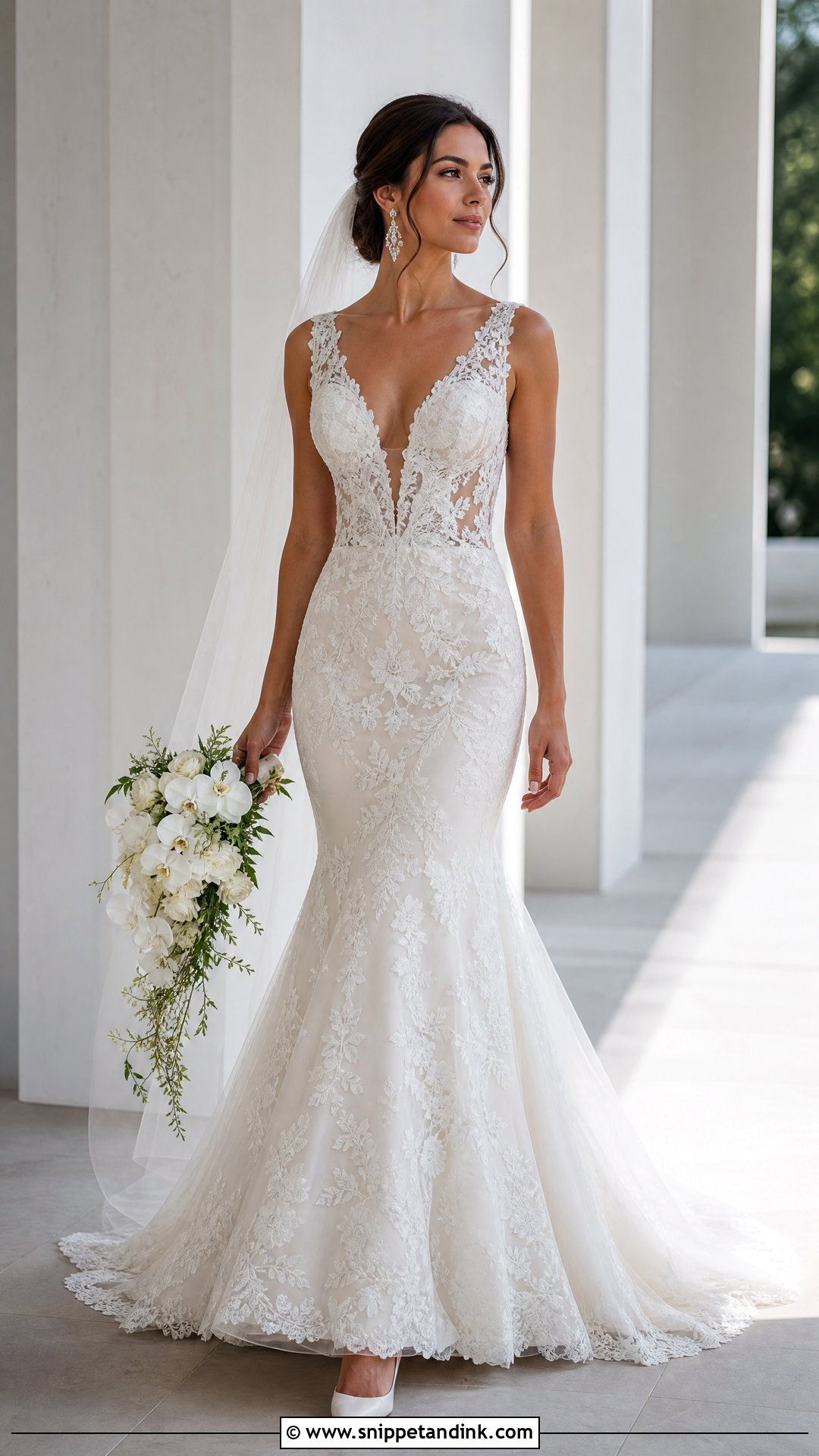 Plunging V Neck Lace Mermaid Wedding Dress - Snippet and Ink - 20 Lace Mermaid Wedding Dresses