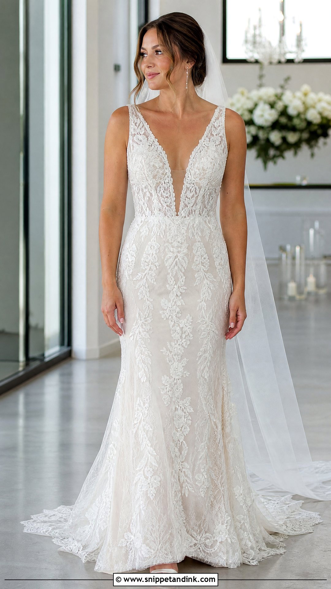 Plunging V Neck Lace Wedding Dress for Broad Shoulders - Snippet and Ink - 20 Wedding Dresses for Broad Shoulders