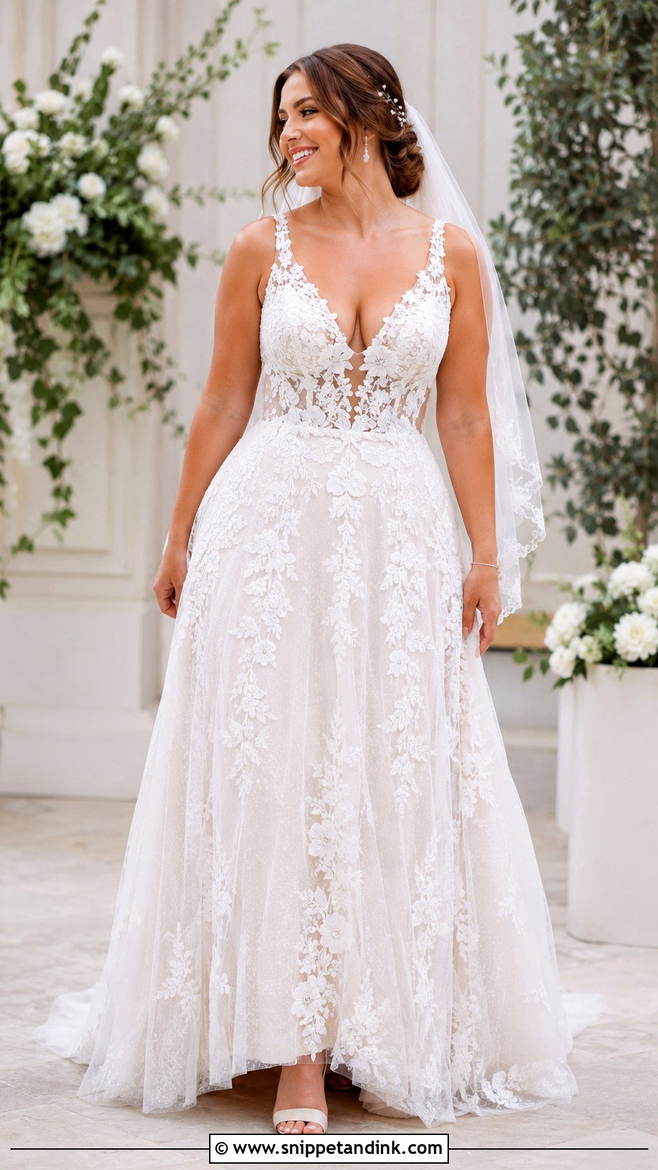 Plunging V Neck Lace Wedding Dress - Snippet and Ink - 20 Broad Shoulder Wedding Dress Ideas