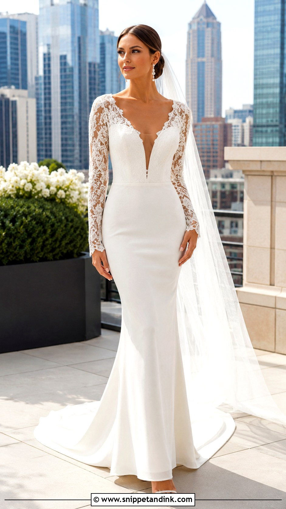 Plunging V Neck Long Sleeve Fitted Wedding Dress - Snippet and Ink - 20 Long Sleeve Fitted Wedding Dress Ideas