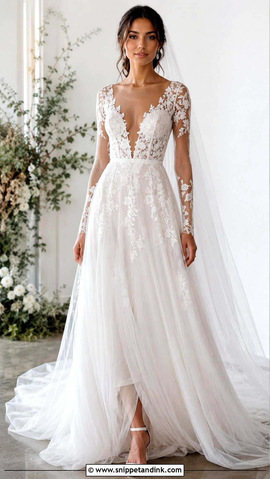 Plunging V Neck Mesh Sleeve A Line Wedding Dress - Snippet and Ink - 20 Mesh Sleeve Wedding Dress Ideas