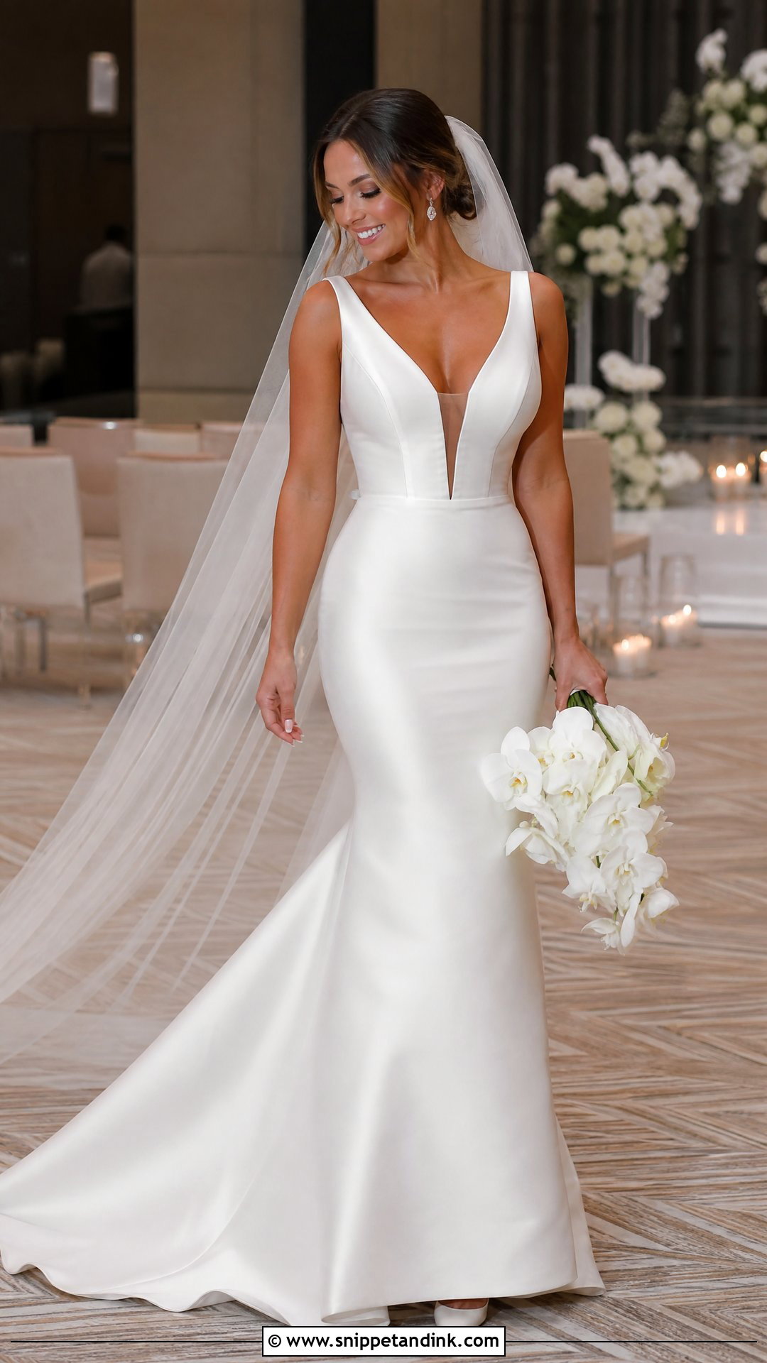 Plunging V Neck Satin Trumpet Wedding Dress - Snippet and Ink - 20 Satin Trumpet Wedding Dress Ideas