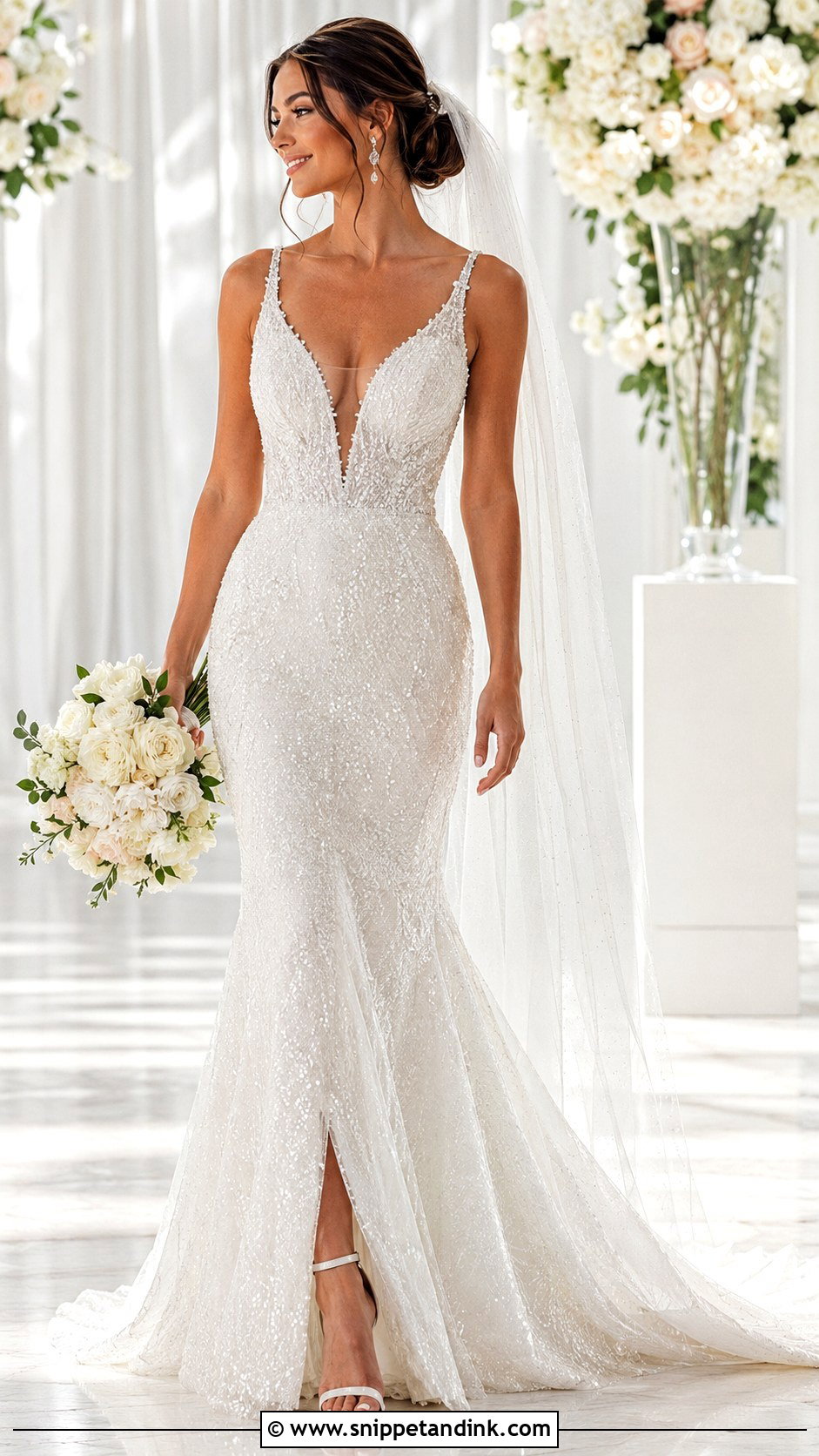 Plunging V Neck Sparkle Wedding Dress - Snippet and Ink - 20 Glitter Sparkle Wedding Dress Ideas