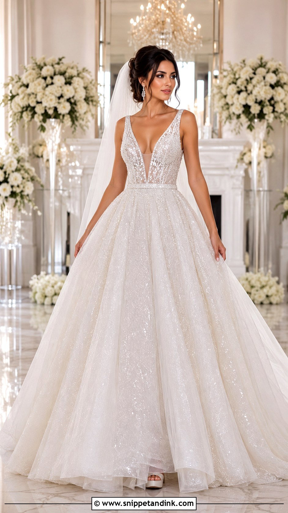Plunging V Neck Sparkly Ballgown Wedding Dress - Snippet and Ink - 20 Ballgown Wedding Dress Sparkly Ideas