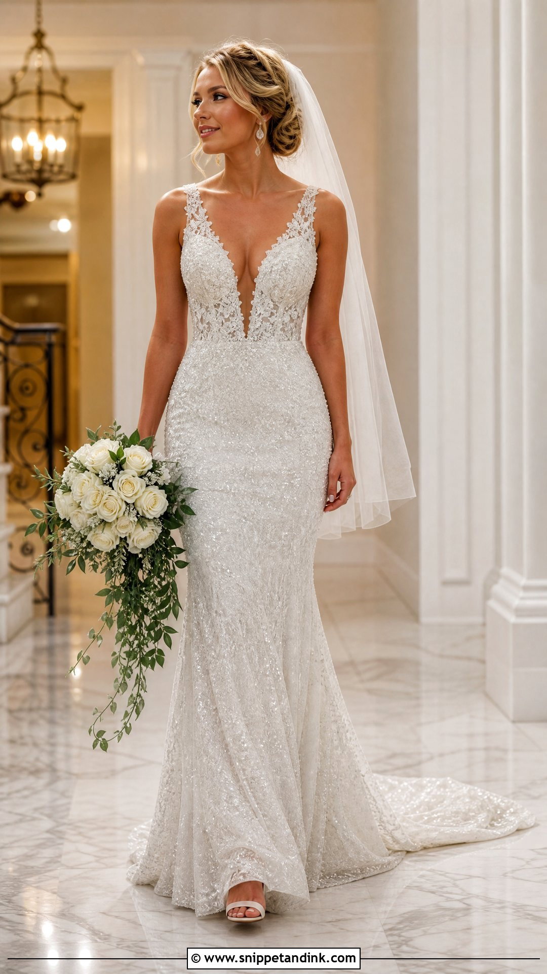 Plunging V Neck Sparkly Mermaid Wedding Dress - Snippet and Ink - 20 Sparkly Wedding Dress Mermaid Ideas