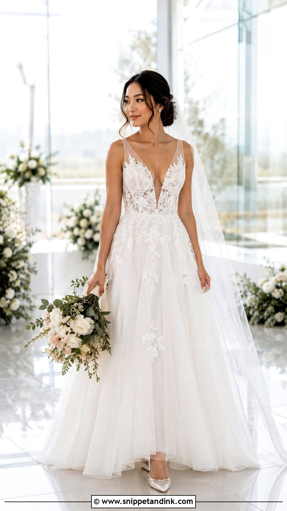 Plunging V Neck Tulle A Line Wedding Dress - Snippet and Ink - 20 Best Wedding Dresses for Short Brides