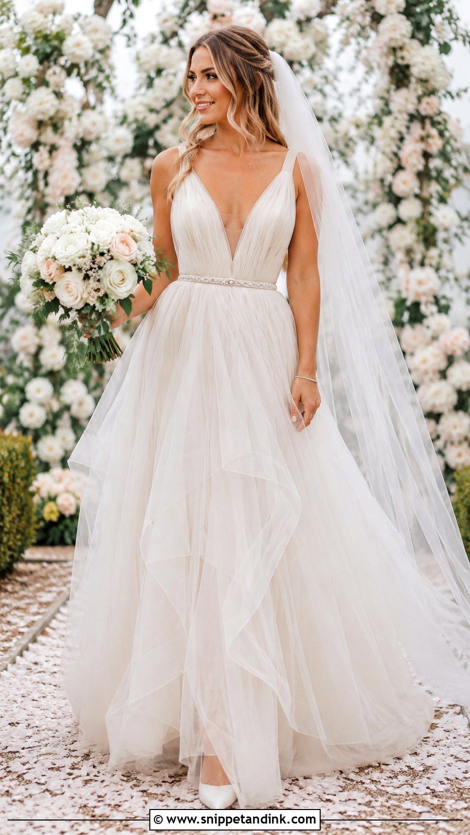 Plunging V Neck Tulle Wedding Dress - Snippet and Ink - 20 Inverted Triangle Wedding Dress Ideas