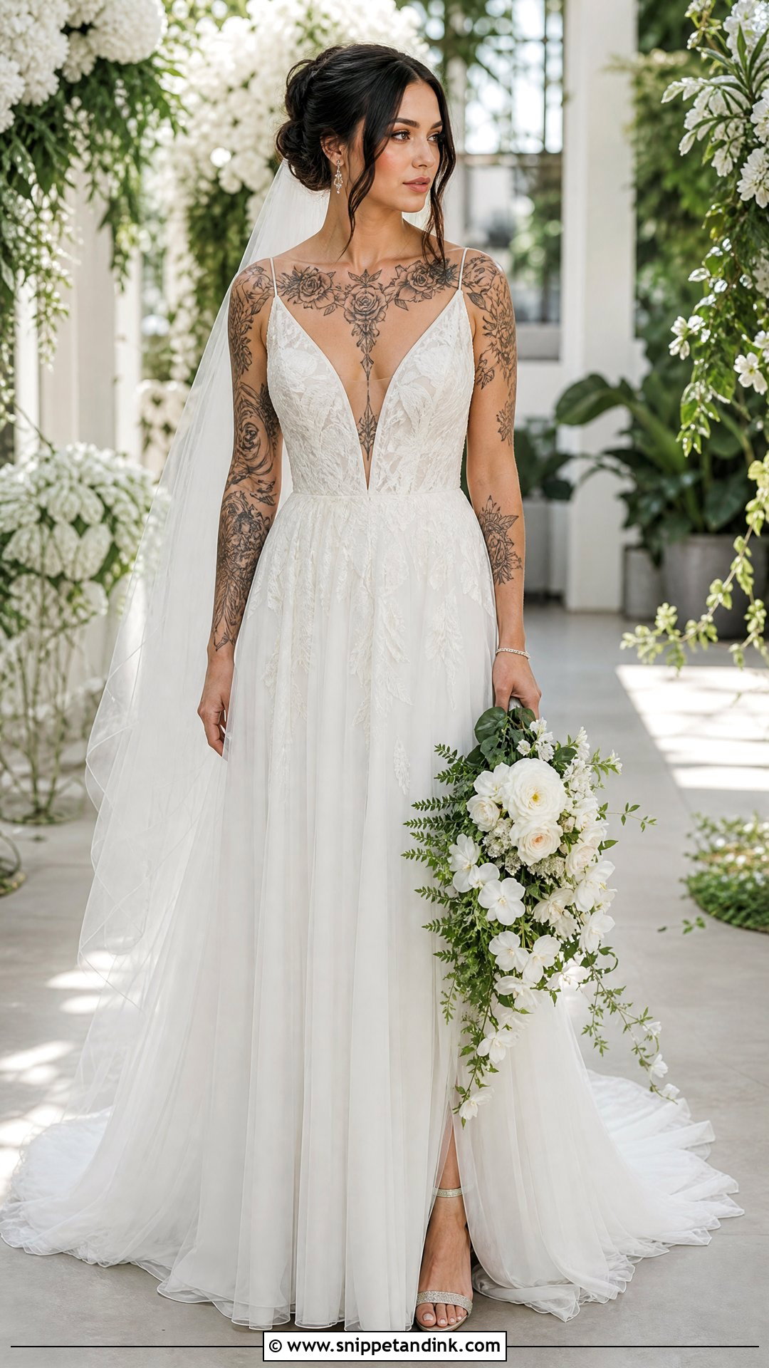 Plunging V Neck Wedding Dress - Snippet and Ink - 20 Tattooed Bride Wedding Dress Ideas